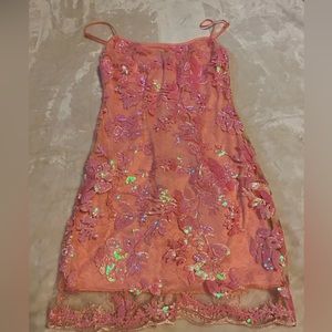 Coral/Pink Lucy in the Sky lace floral homecoming dress